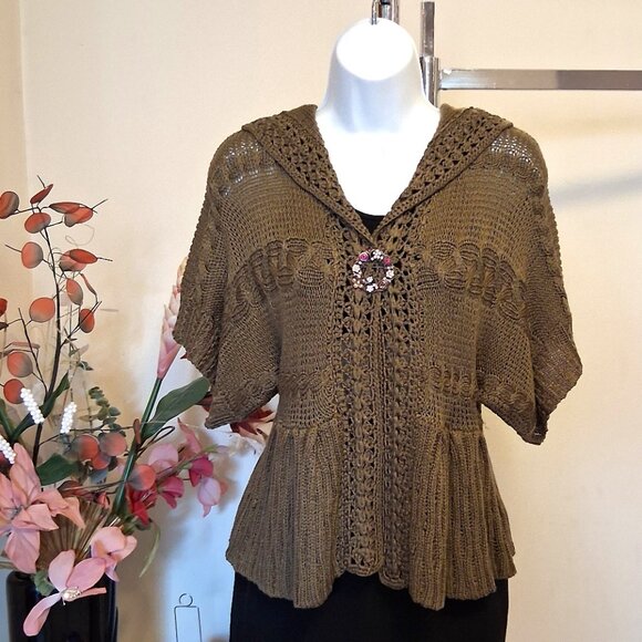 NWT Brown Knit Shrug Open Front Hooded Cardigan Lightweight Ladies Sweater - Picture 2 of 7